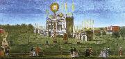 wolfgang amadeus mozart a contemporary artist s view of the structure erected in  green park for the 1749 firework display celebrating the peace of aix la chapelle. oil painting reproduction